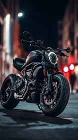 Sleek black street motorcycle waits under neon city lights
