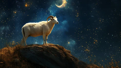 White horned goat on rocky hill beneath starry crescent sky.