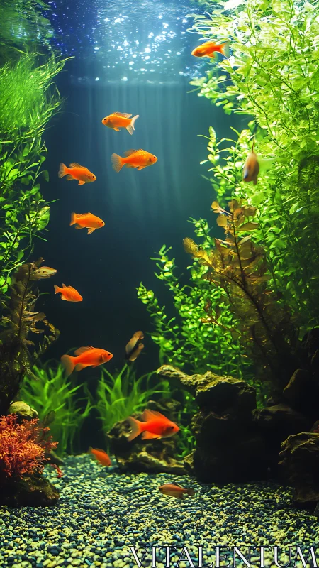 Goldfish swimming in a tall, planted freshwater aquarium.