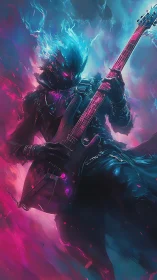 Flame headed guitarist in neon blue and magenta light field.