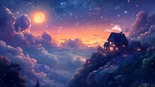 Moonlit hilltop cottage overlooks glowing cloud sea