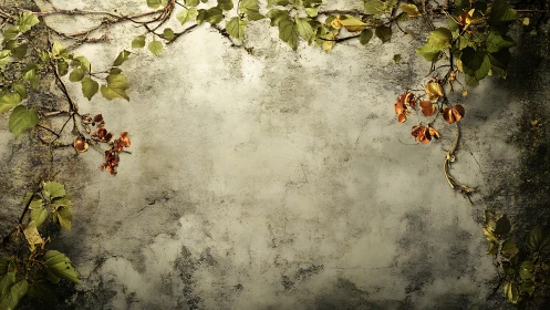 Weathered wall framed by autumn vine foliage decoratively.