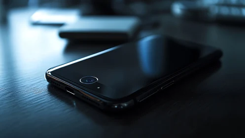 Sleek smartphone resting on dark surface with reflective glow