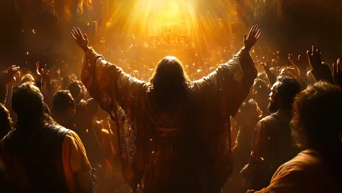 Warm light over joyful crowd in a glowing golden gathering.