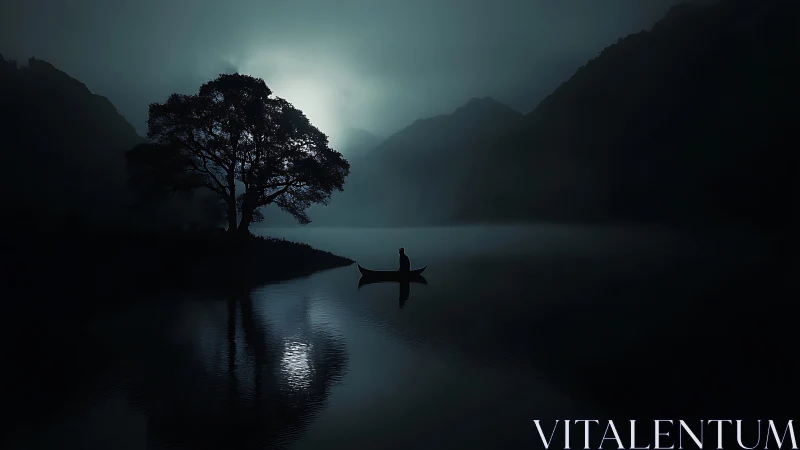 Solitary canoe drifts beneath a moonlit lakeside tree.