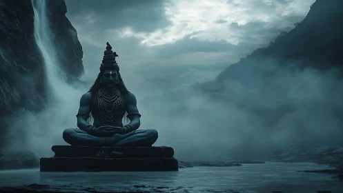 Blue meditative figure before waterfall in misty ravine.