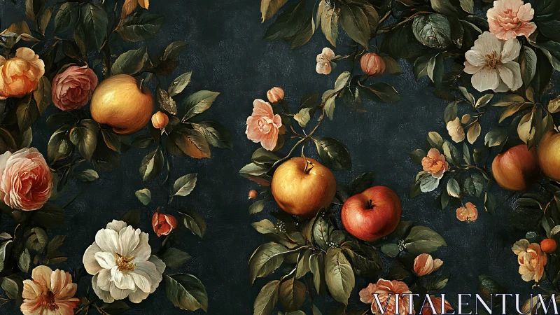 Baroque orchard still life with roses on deep blue ground.