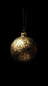 Single illuminated gold ornament ball with intricate glitter relief