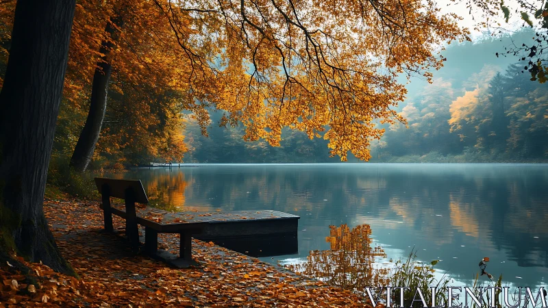 Quiet autumn lake bench inviting a gentle moment of pause.