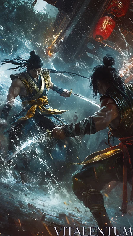 Dynamic katana duel in torrential rain with cinematic motion blur
