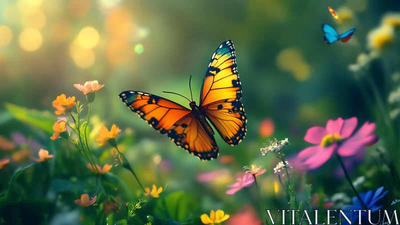 Digital painting of monarch butterfly in luminous garden scene.