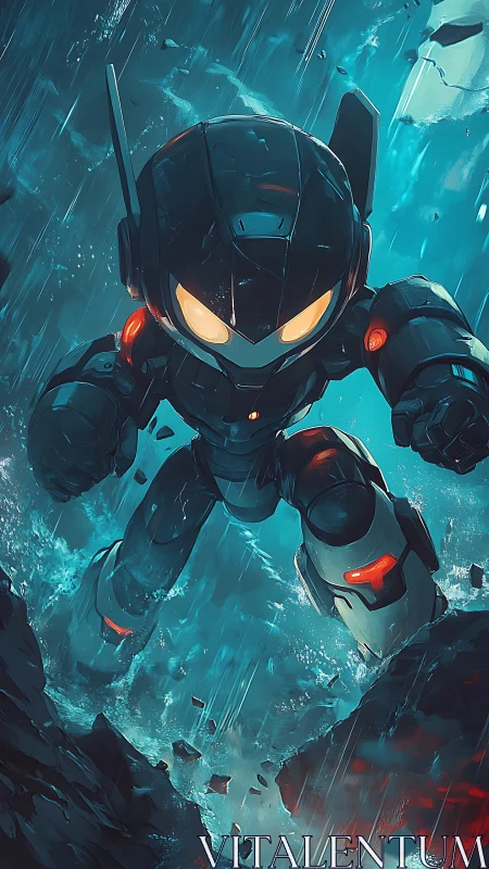 Armored chibi mech descending through dynamic storm cascade.