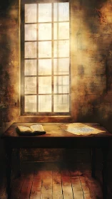 Sunlit writing desk under tall window in rustic room.