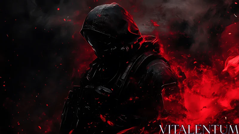 Hooded figure stands in red smoke and dark contrasting light