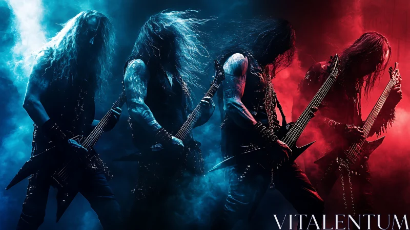 Four electric guitarists stand in dense blue and red stage fog