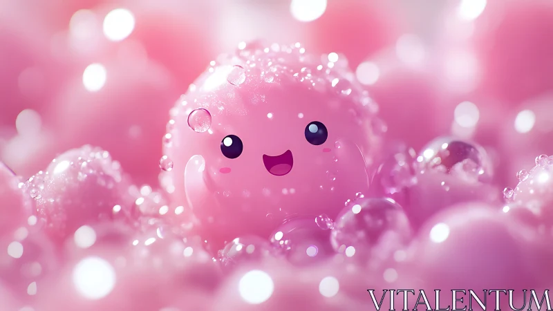 Happy Pink Bubble Character Surrounded by Sparkles