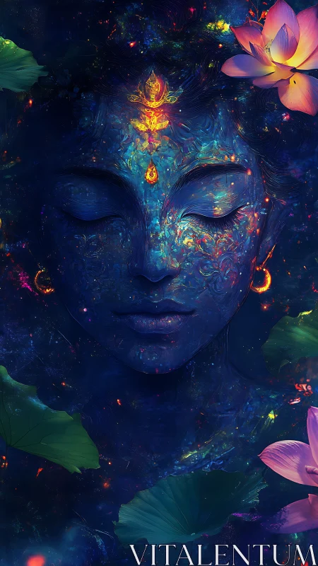 Cosmic blue face with closed eyes and glowing lotus light.