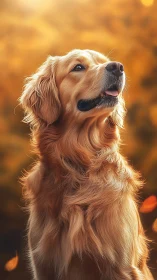 Golden retriever sits in profile against blurred autumn background