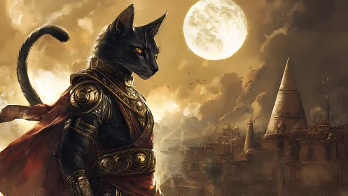 Armored feline warrior surveys moonlit temple city