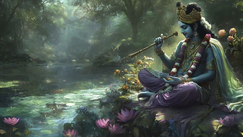 Blue-skinned deity playing flute by reflective forest pond.