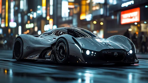 Nocturnal hypercar prototype in neon-lit urban streetscape.