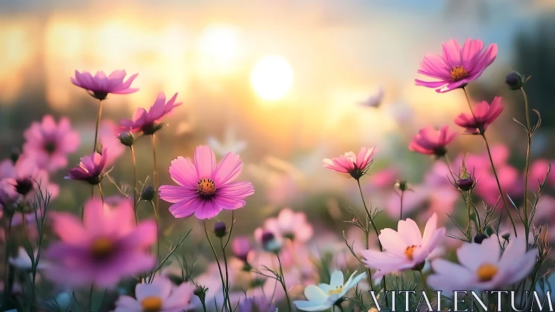 Pink Cosmos Flowers Glowing in Golden Sunrise Light.