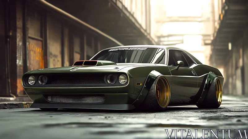 Widebody classic muscle car in urban alleyway setting.