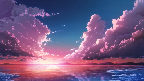 Radiant sunset clouds embrace a tranquil reflective sea horizon.