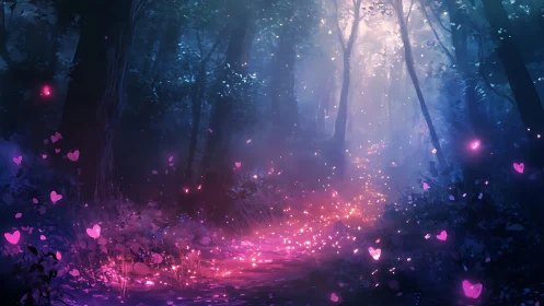 Enchanted forest glow with hearts floating through magical light.