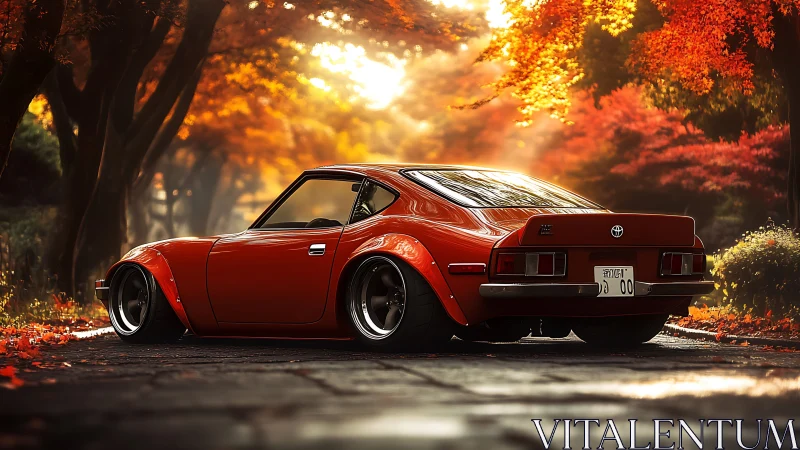 Modified red sports coupe parked on autumn forest road.