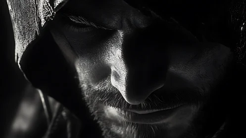 Photorealistic hooded male portrait in dramatic chiaroscuro lighting.
