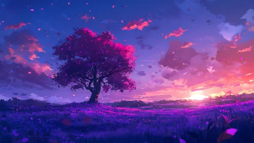 Solitary pink tree in violet field under vivid sunset sky.