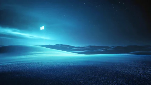 Solitary flag stands over illuminated blue digital dunes
