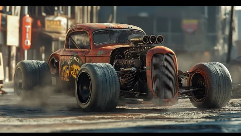Rusty turbo rat rod tears through smoky urban backstreet.