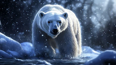 Midnight glacier guardian padding through swirling snowflakes.