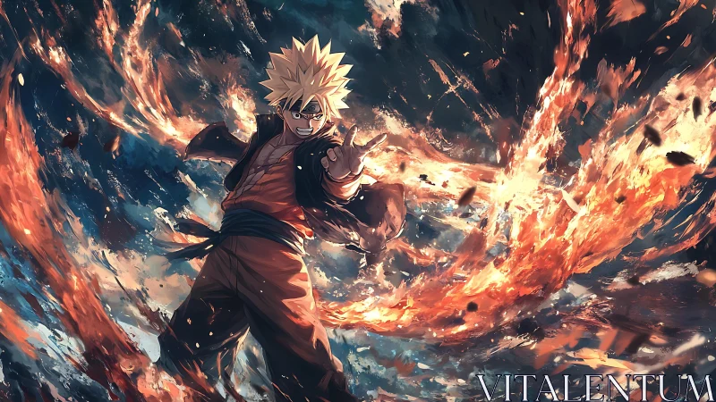 Fiery anime warrior unleashes swirling elemental power.