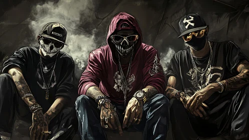 Three masked figures in streetwear with skull motifs posed.