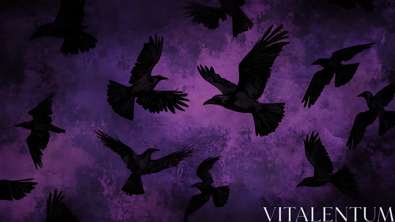 Black silhouetted crows flying against textured purple sky.