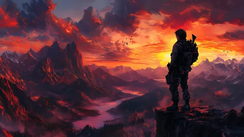 Digital painting of lone explorer over burning alpine valley.