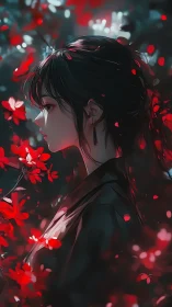 Side profile of stylized woman amid red and dark foliage