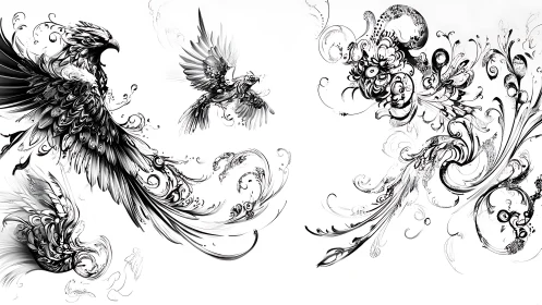Elegant black and white phoenixes in ornate abstract style.