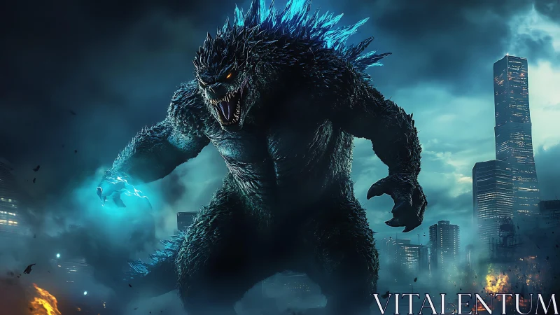 Titanic kaiju storms a neon city under electric blue skies