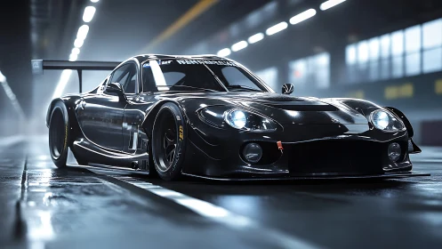 Midnight pit-lane predator, slick black race coupe prowling.