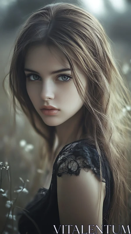 Ethereal young woman in lace dress with cinematic bokeh field.