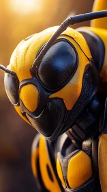 3D robotic wasp closeup with armored yellow carapace.