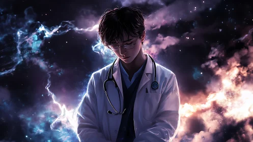 Astrophysical doctor in nebular-lit contemplative isolation.