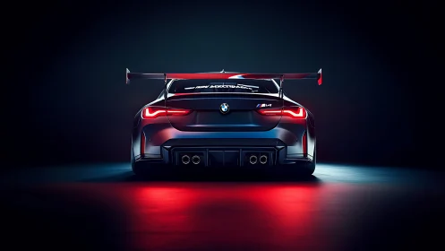 BMW M4 GT racer rear view in cinematic neon studio light.