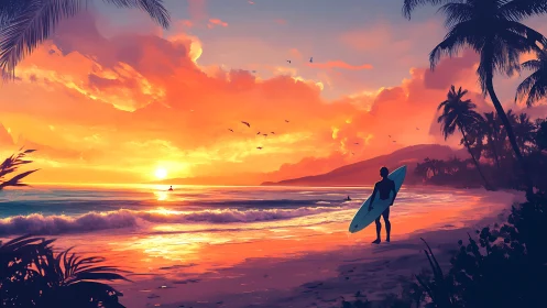 Surfer watching vivid tropical sunset over calm ocean.