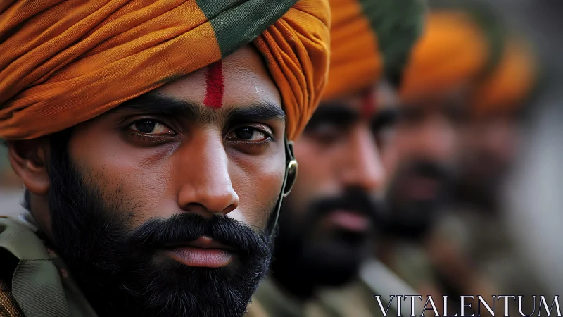 Soldier in orange turban with focused expression in line.