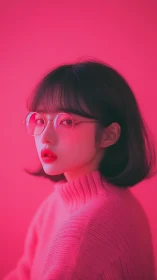 Soft neon portrait of a girl glows in vivid pink light